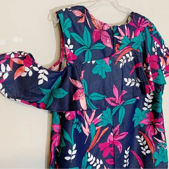 Isabel Maternity (XL) Pink Navy Teal Floral Top with Cold Shoulder and ruffles - Picture 6 of 9